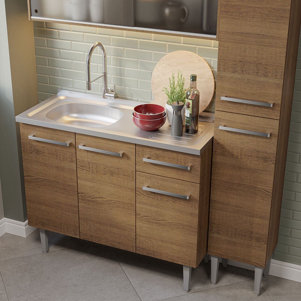 Cocina Integral Modular Emilly Marron 137x186cm con Mesón de Acero Inoxidable sin Estufa con Un Cajón con Puerta de Vidrio Punteado y con Nueve Entrepaños - COCINAS | Bylmo