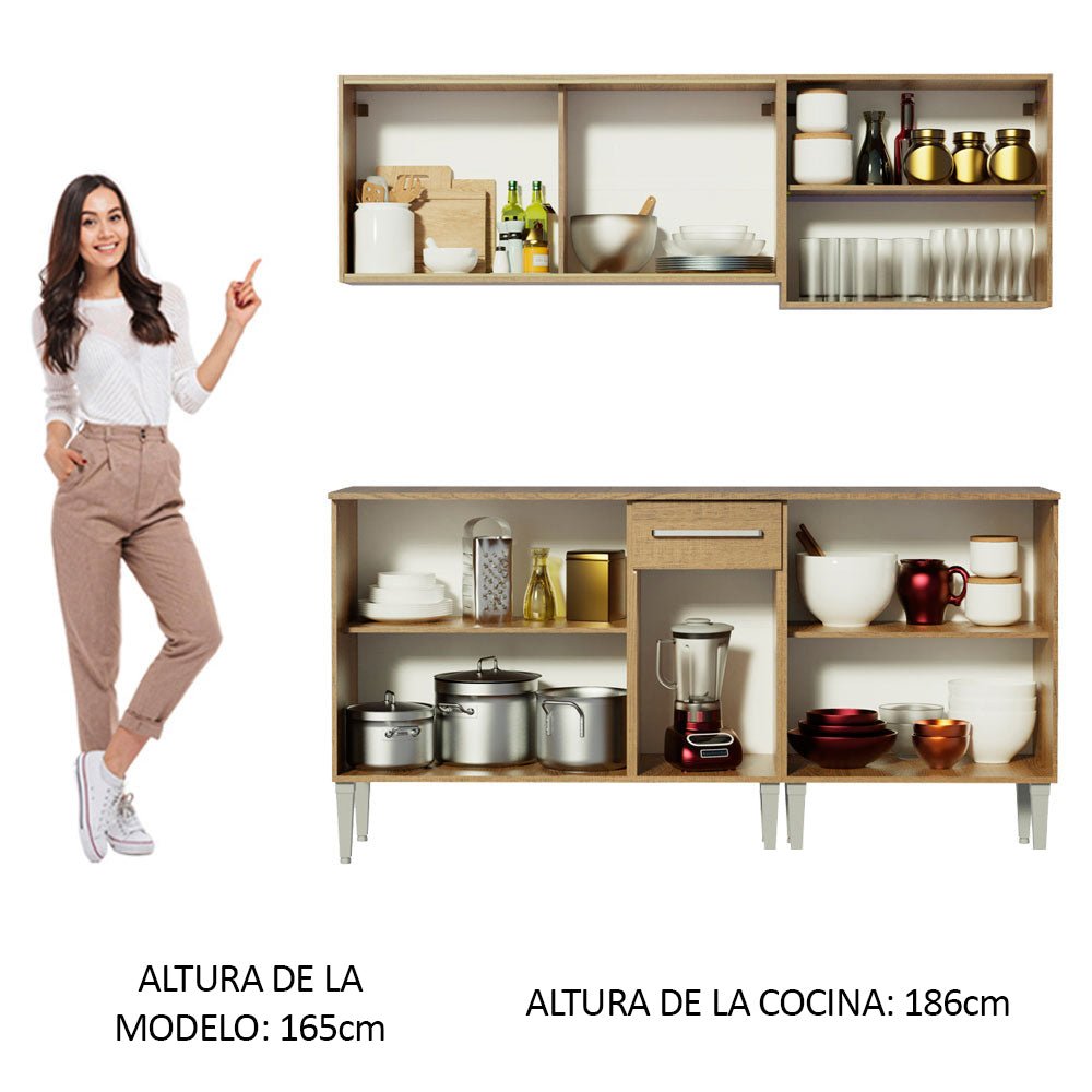 Cocina Integral Modular Emilly Box Marron 169x186cm con Mesón de Madera Aglomerada Mdp sin Estufa con Un Cajón y con Nueve Entrepaños - COCINAS | Bylmo