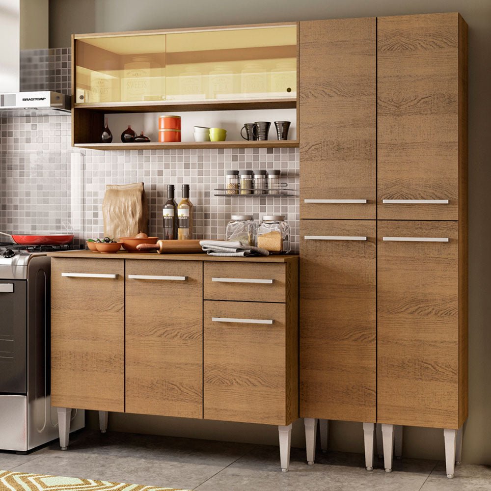 Cocina Integral Modular Emilly Winter Marron 169x186cm con Mesón de Madera Aglomerada Mdp sin Estufa con Un Cajón y con Catorce Entrepaños - COCINAS | Bylmo