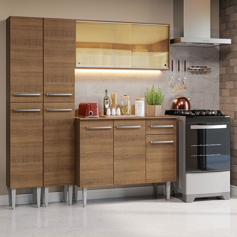 Cocina Integral Modular Emilly Marron 169x186cm con Mesón de Madera Aglomerada Mdp sin Estufa con Un Cajón y con Trece Entrepaños - COCINAS | Bylmo