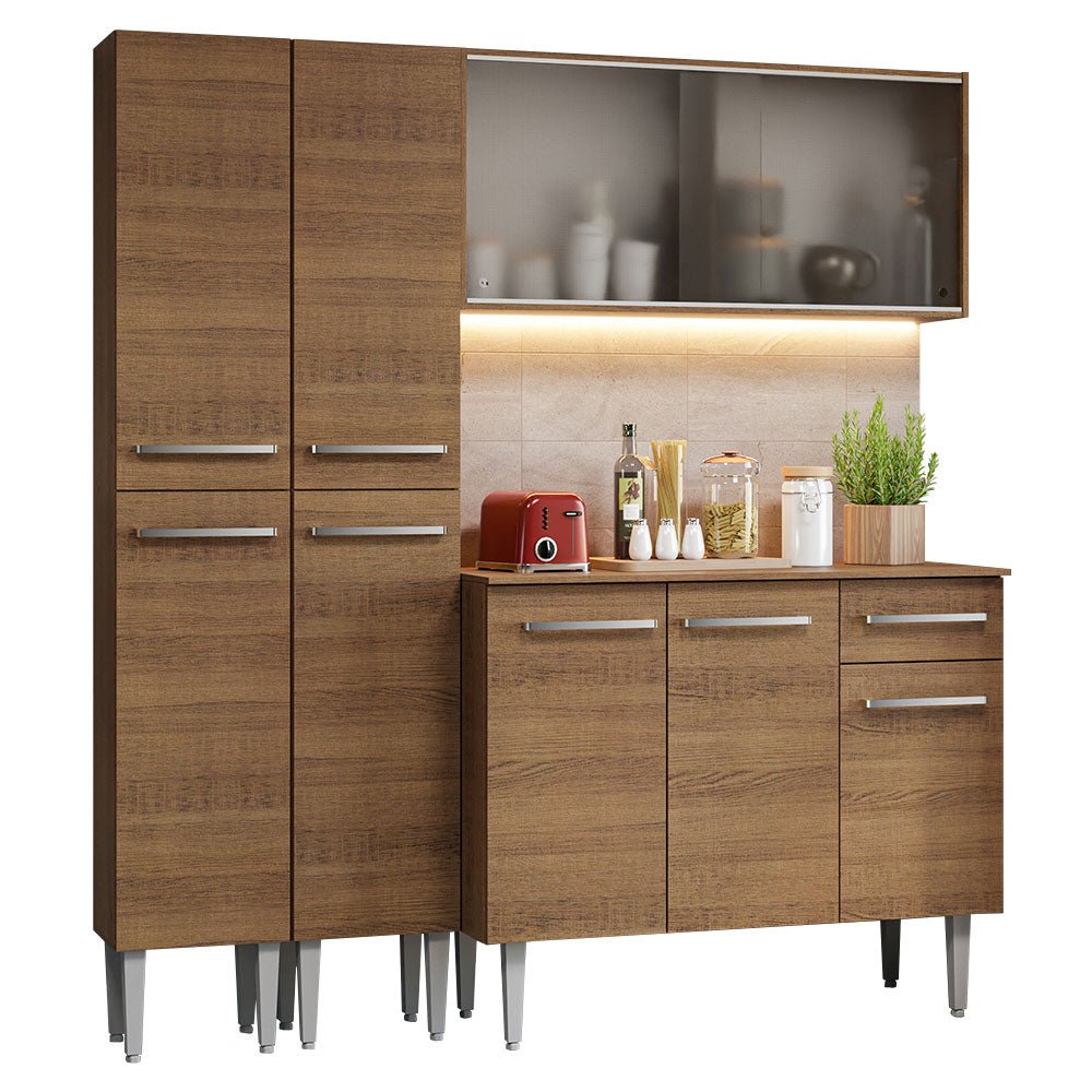 Cocina Integral Modular Emilly Marron 169x186cm con Mesón de Madera Aglomerada Mdp sin Estufa con Un Cajón Con Puerta de Vidrio Punteado y con Trece Entrepaños - COCINAS | Bylmo