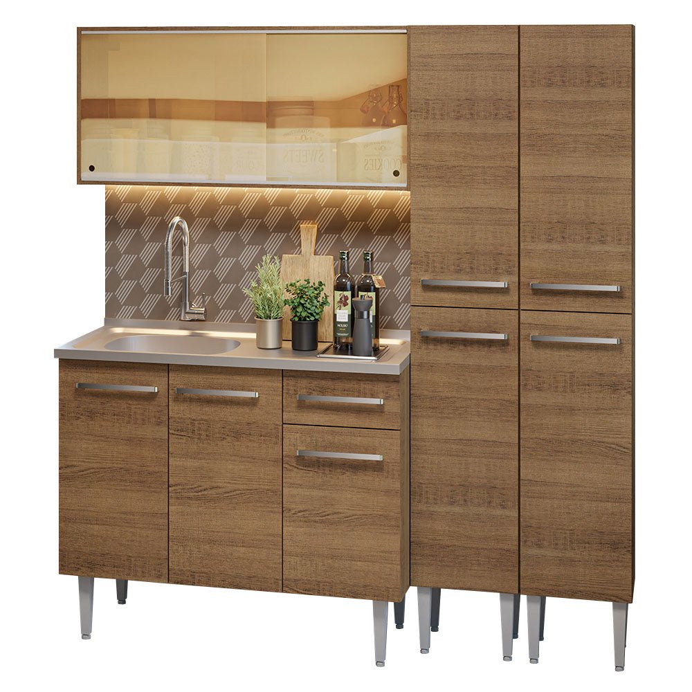 Cocina Integral Modular Emilly Marron 169x186cm con Mesón de Acero Inoxidable sin Estufa con Un Cajón y con Trece Entrepaños - COCINAS | Bylmo