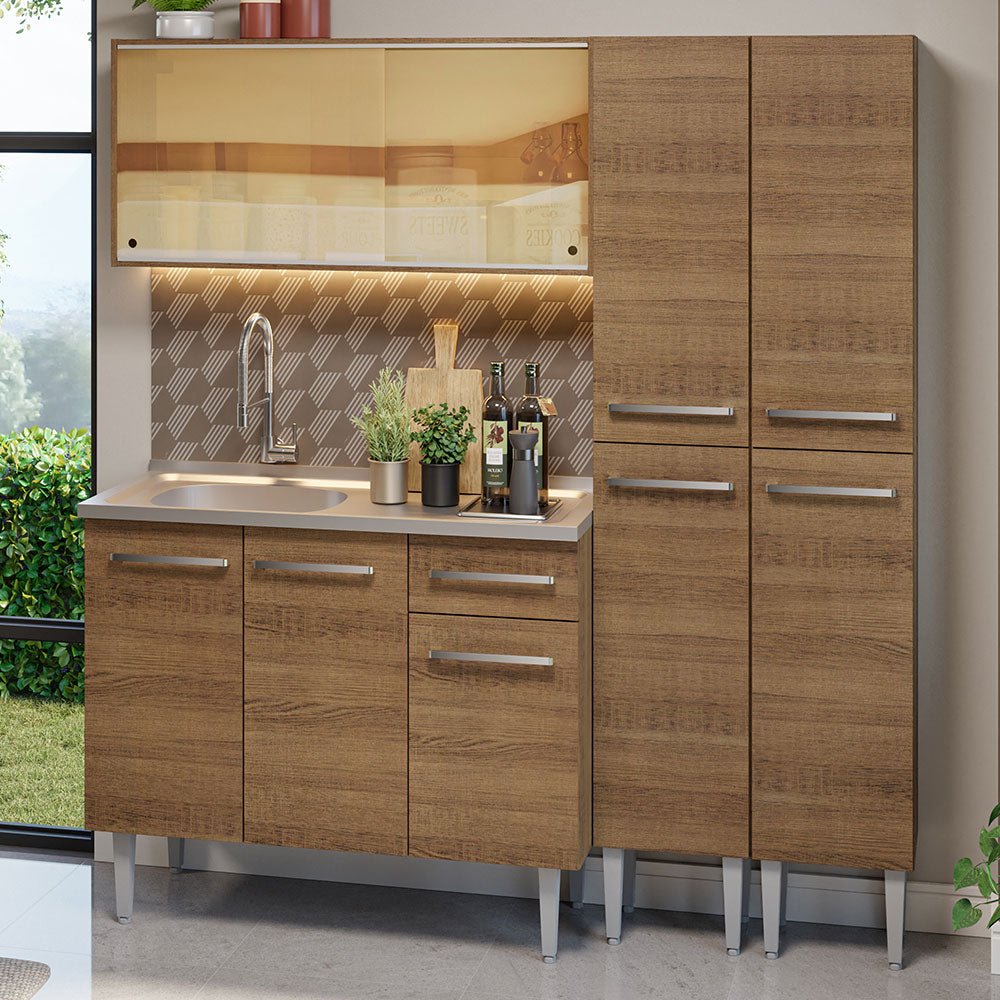 Cocina Integral Modular Emilly Marron 169x186cm con Mesón de Acero Inoxidable sin Estufa con Un Cajón y con Trece Entrepaños - COCINAS | Bylmo