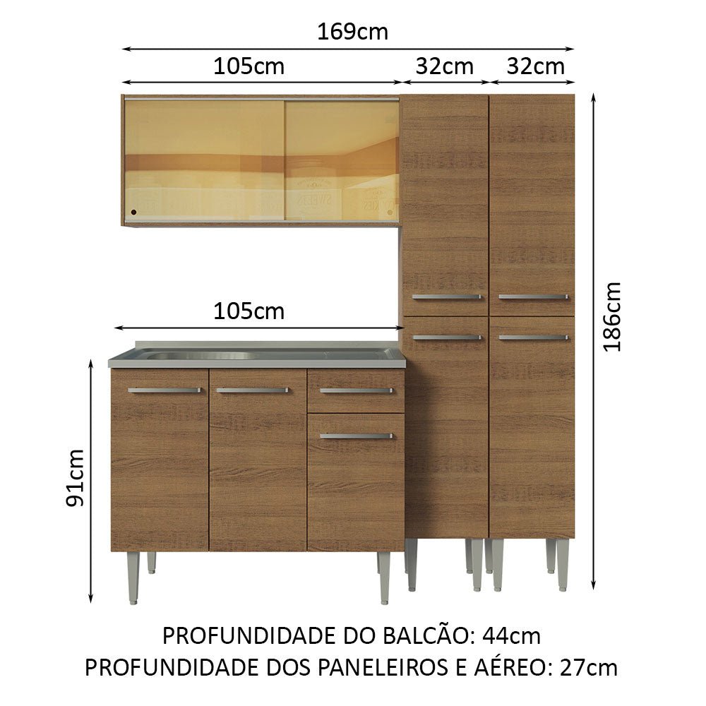 Cocina Integral Modular Emilly Marron 169x186cm con Mesón de Acero Inoxidable sin Estufa con Un Cajón y con Trece Entrepaños - COCINAS | Bylmo