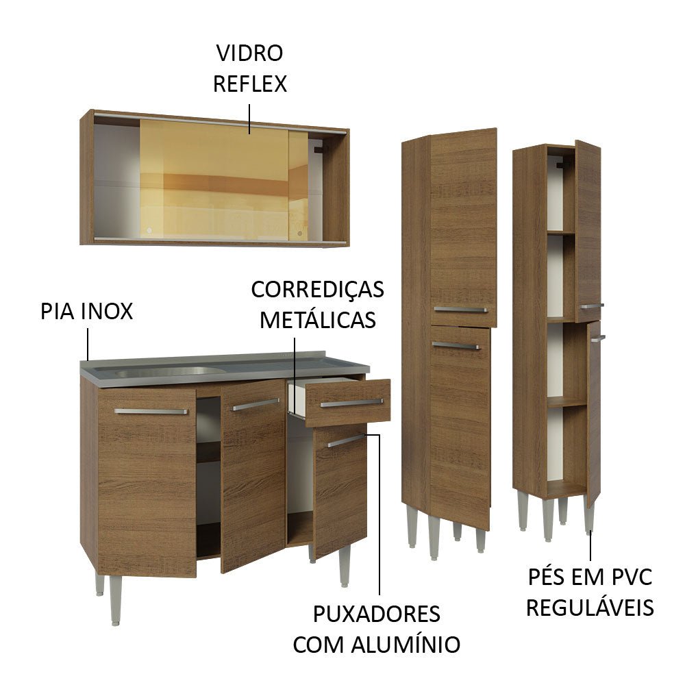 Cocina Integral Modular Emilly Marron 169x186cm con Mesón de Acero Inoxidable sin Estufa con Un Cajón y con Trece Entrepaños - COCINAS | Bylmo