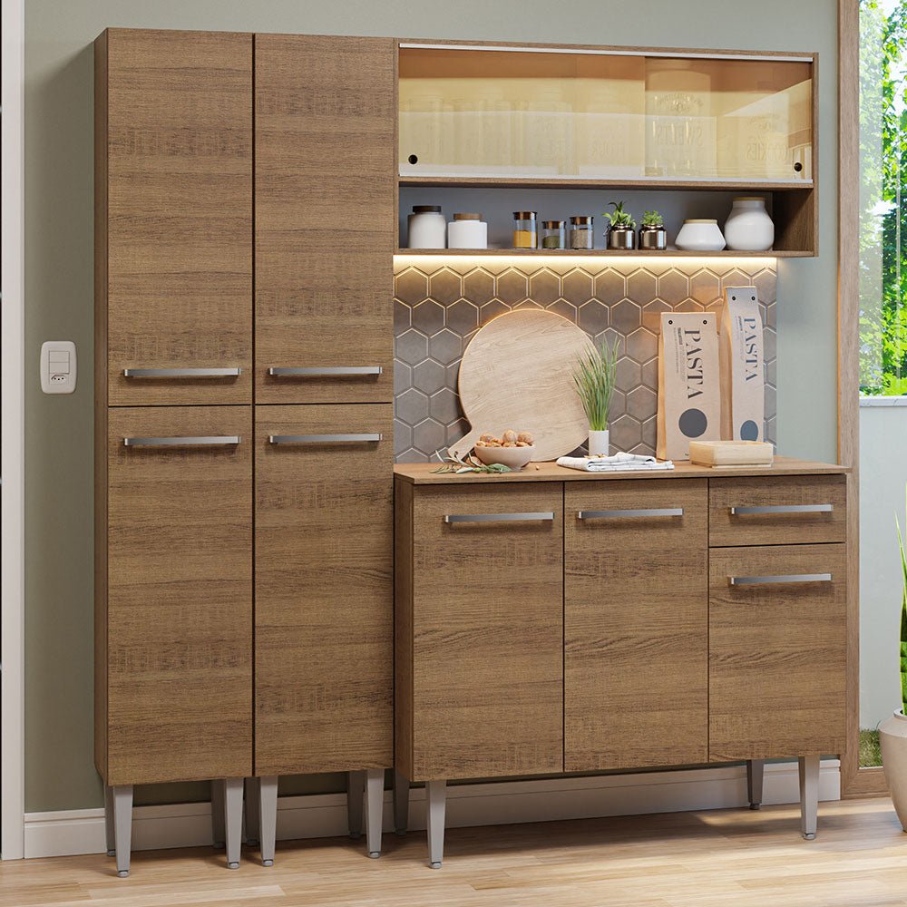 Cocina Integral Modular Emilly Marron 169x186cm con Mesón de Madera Aglomerada Mdp sin Estufa con Un Cajón y con Catorce Entrepaños - COCINAS | Bylmo