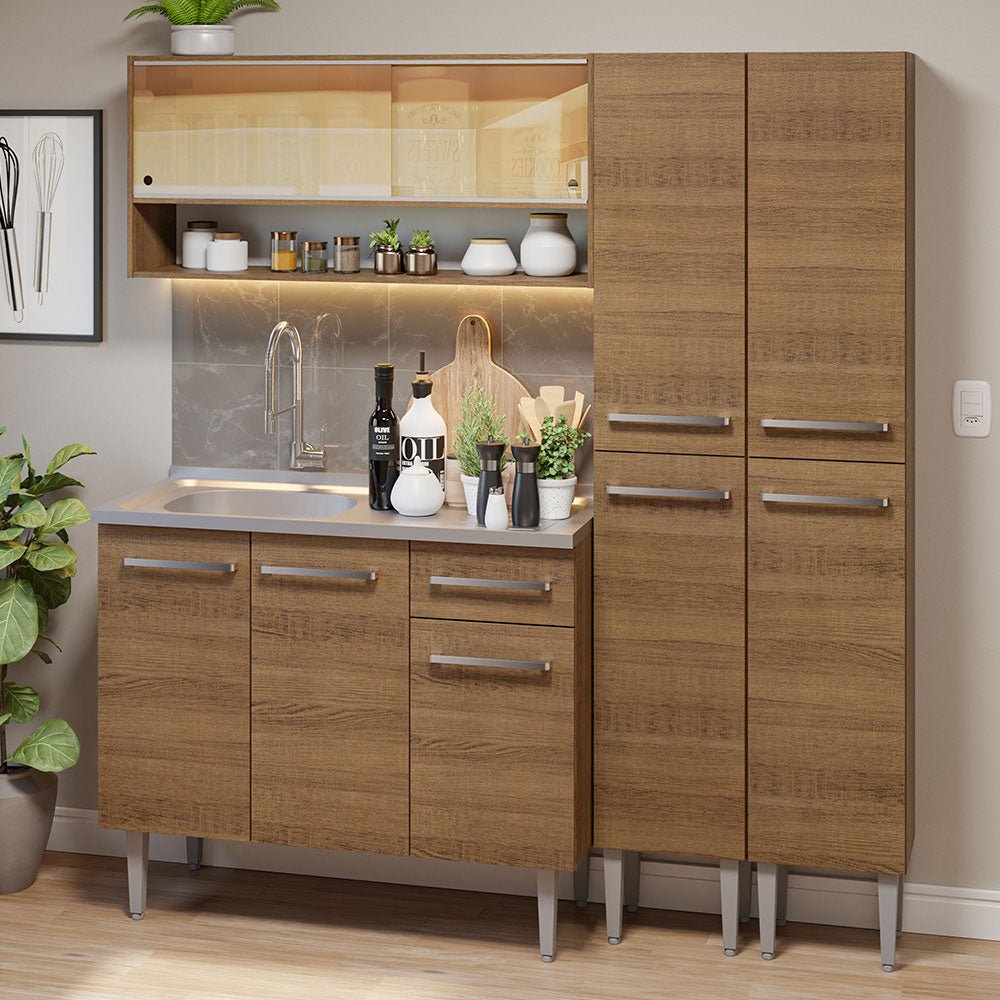 Cocina Integral Modular Emilly Marron 169x186cm con Mesón de Acero Inoxidable sin Estufa con Un Cajón y con Catorce Entrepaños - COCINAS | Bylmo