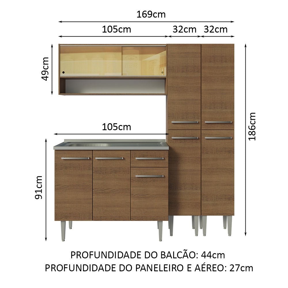 Cocina Integral Modular Emilly Marron 169x186cm con Mesón de Acero Inoxidable sin Estufa con Un Cajón y con Catorce Entrepaños - COCINAS | Bylmo