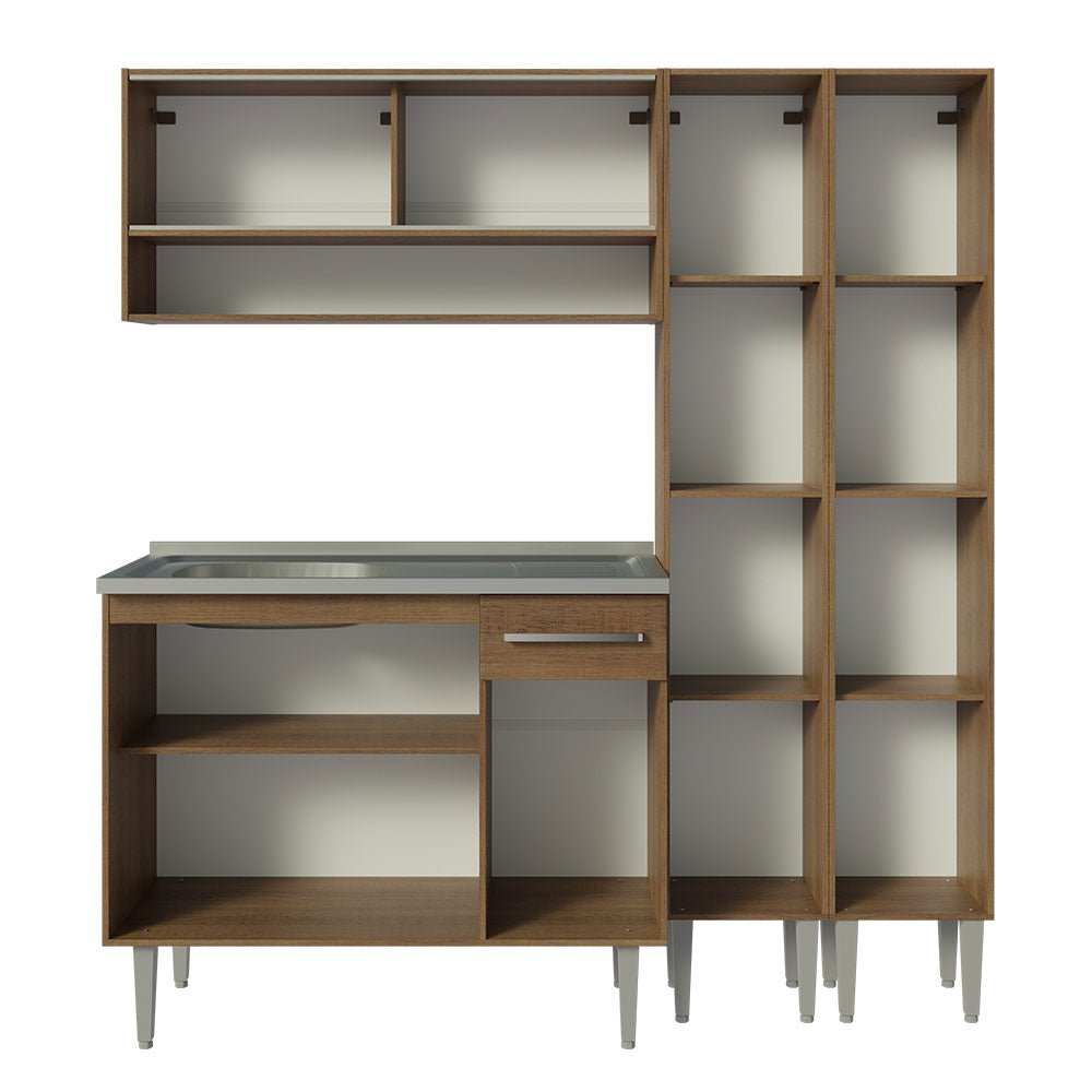 Cocina Integral Modular Emilly Marron 169x186cm con Mesón de Acero Inoxidable sin Estufa con Un Cajón y con Catorce Entrepaños - COCINAS | Bylmo