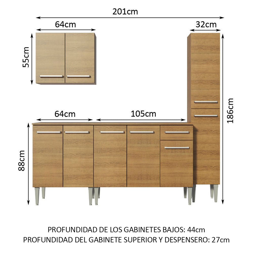 Cocina Integral Modular Emilly Sing Marron 201x186cm con Mesón de Madera Aglomerada Mdp sin Estufa con Un Cajón y con Once Entrepaños - COCINAS | Bylmo