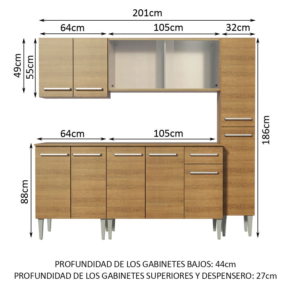 Cocina Integral Modular Emilly Fast Marron 201x186cm con Mesón de Madera Aglomerada Mdp sin Estufa con Un Cajón y con Trece Entrepaños - COCINAS | Bylmo