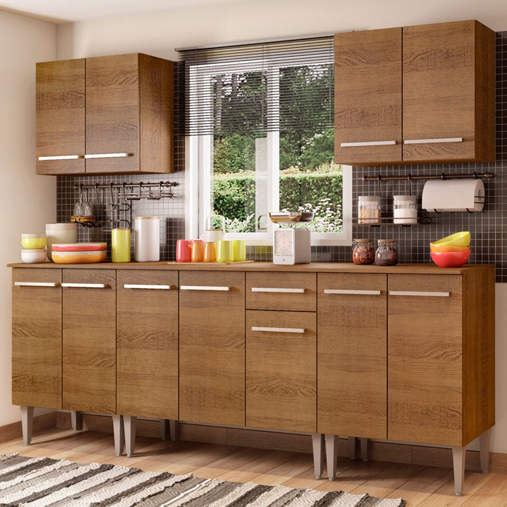 Cocina Integral Modular Emilly King Marron 233x186cm con Mesón de Madera Aglomerada Mdp sin Estufa con Un Cajón y con Once Entrepaños - COCINAS | Bylmo