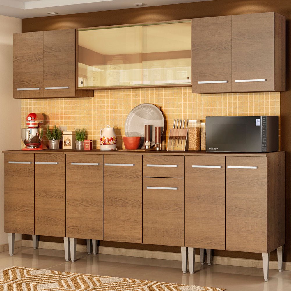 Cocina Integral Modular Emilly Fire Marron 233x186cm con Mesón de Madera Aglomerada Mdp sin Estufa con Un Cajón y con Trece Entrepaños - COCINAS | Bylmo