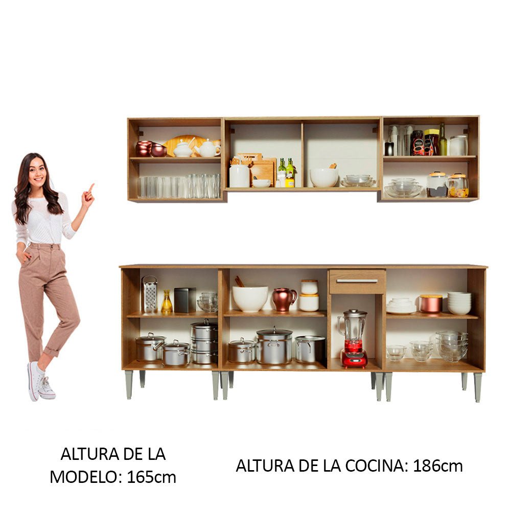 Cocina Integral Modular Emilly Fire Marron 233x186cm con Mesón de Madera Aglomerada Mdp sin Estufa con Un Cajón y con Trece Entrepaños - COCINAS | Bylmo