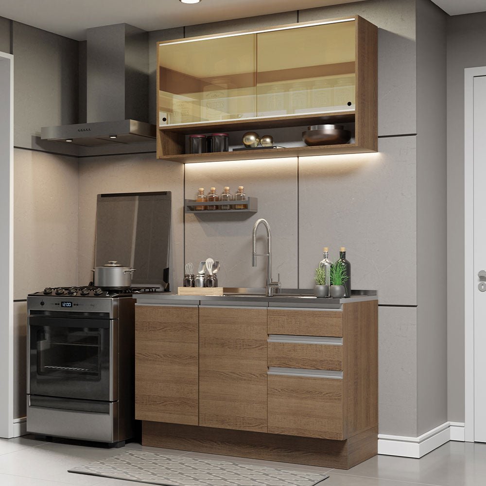 Cocina Integral Modular Glamy Marron 120x225cm sin Mesón sin Estufa con Tres Cajones y con Siete Entrepaños - COCINAS | Bylmo