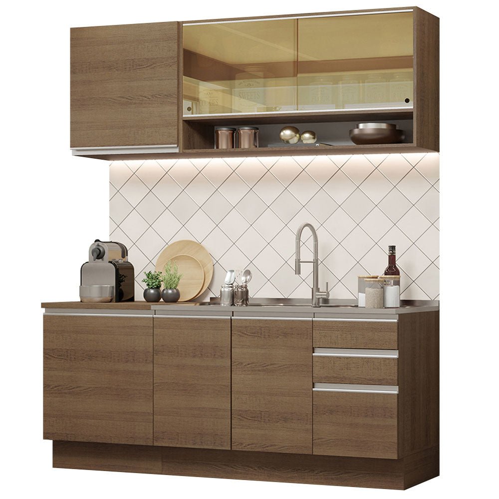 Cocina Integral Modular Glamy Marron 180x225cm sin Mesón sin Estufa con Tres Cajones y con Once Entrepaños - COCINAS | Bylmo