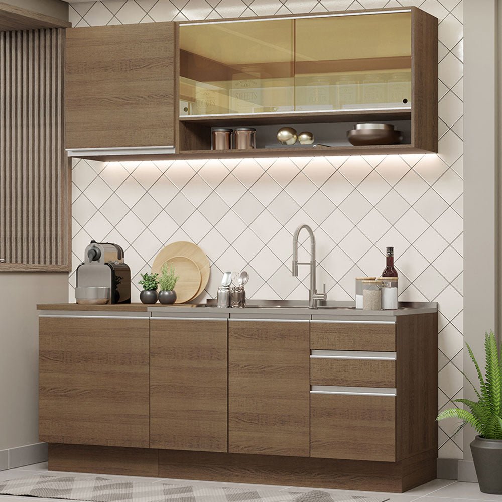 Cocina Integral Modular Glamy Marron 180x225cm sin Mesón sin Estufa con Tres Cajones y con Once Entrepaños - COCINAS | Bylmo