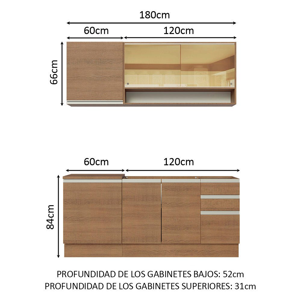 Cocina Integral Modular Glamy Marron 180x225cm sin Mesón sin Estufa con Tres Cajones y con Once Entrepaños - COCINAS | Bylmo