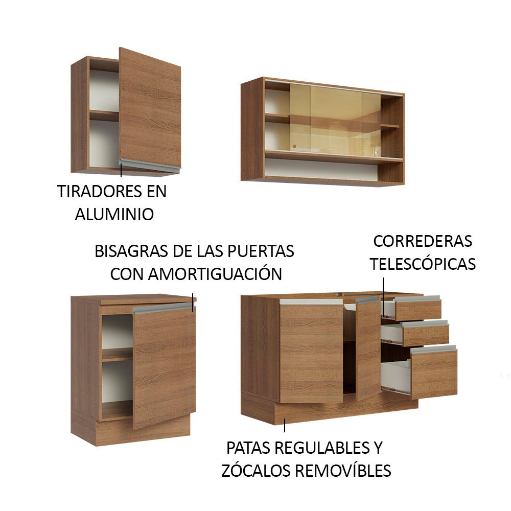 Cocina Integral Modular Glamy Marron 180x225cm sin Mesón sin Estufa con Tres Cajones y con Once Entrepaños - COCINAS | Bylmo