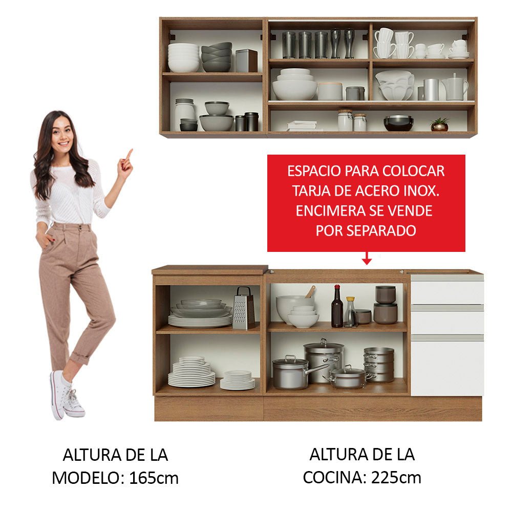 Cocina Integral Modular Glamy Marron y Blanco 180x225cm sin Mesón sin Estufa con Tres Cajones y con Once Entrepaños - COCINAS | Bylmo