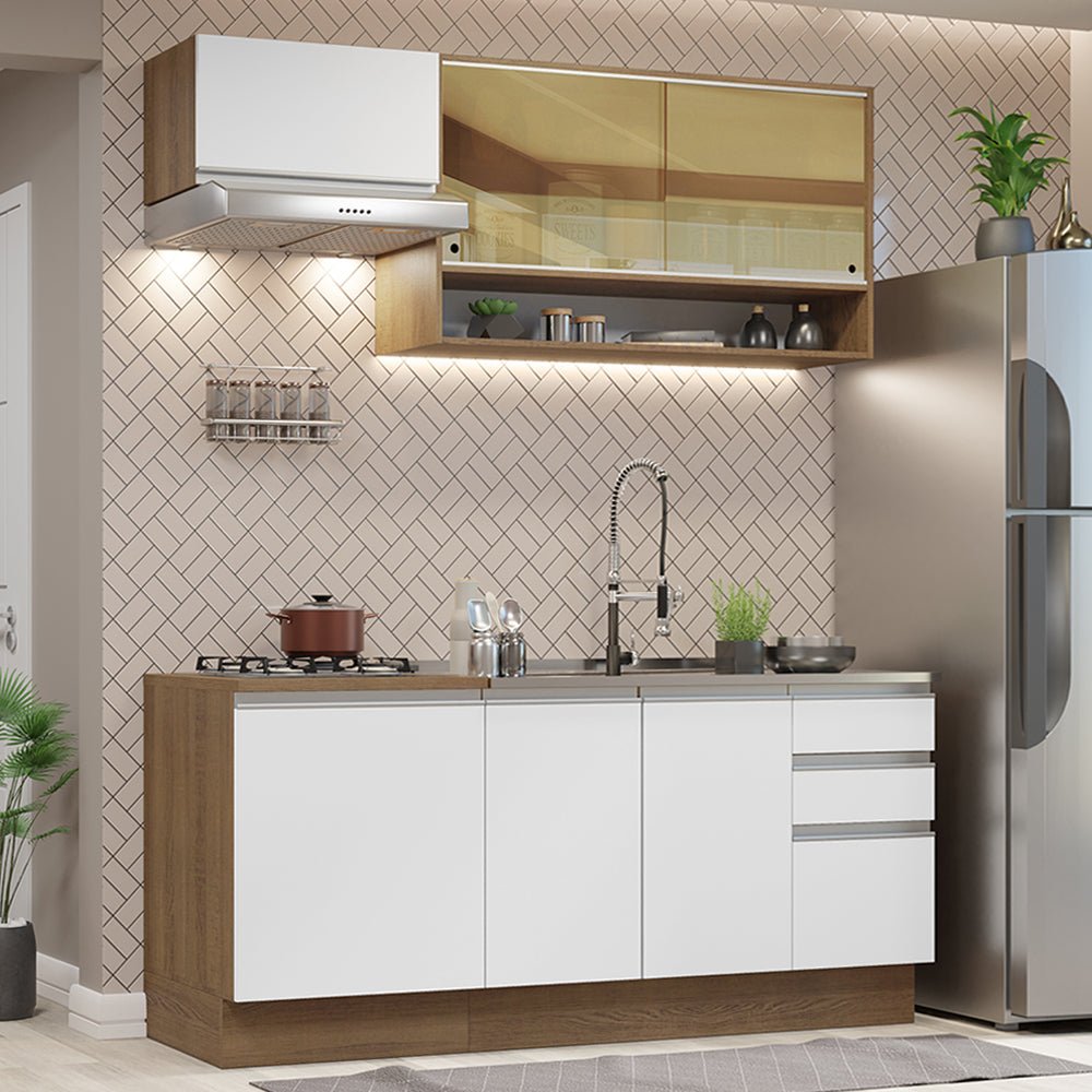 Cocina Integral Modular Glamy Marron y Blanco 180x225cm sin Mesón sin Estufa con Tres Cajones con Puerta de Vidrio y con Espacio para Extractor - COCINAS | Bylmo