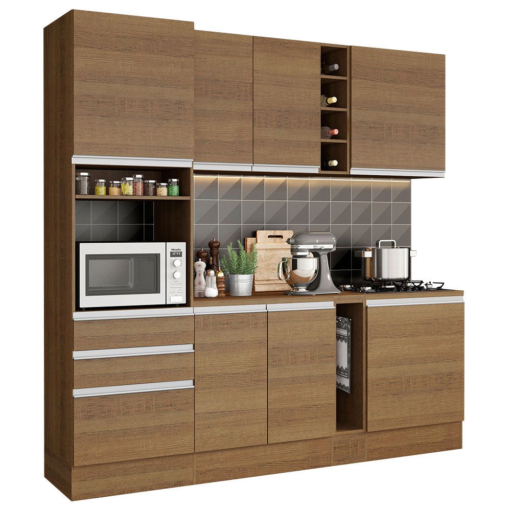 Cocina Integral Modular Aquila Marron 220x225cm con Mesón de Madera Aglomerada Mdp sin Estufa con Tres Cajones y con Diecisiete Entrepaños - COCINAS | Bylmo
