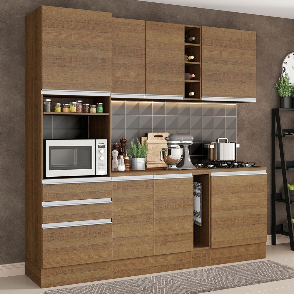 Cocina Integral Modular Aquila Marron 220x225cm con Mesón de Madera Aglomerada Mdp sin Estufa con Tres Cajones y con Diecisiete Entrepaños - COCINAS | Bylmo