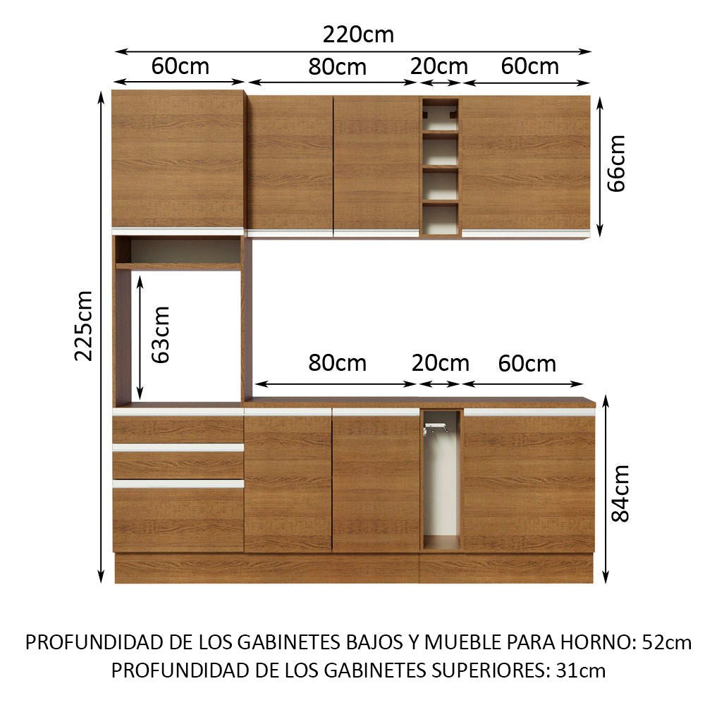 Cocina Integral Modular Aquila Marron 220x225cm con Mesón de Madera Aglomerada Mdp sin Estufa con Tres Cajones y con Diecisiete Entrepaños - COCINAS | Bylmo