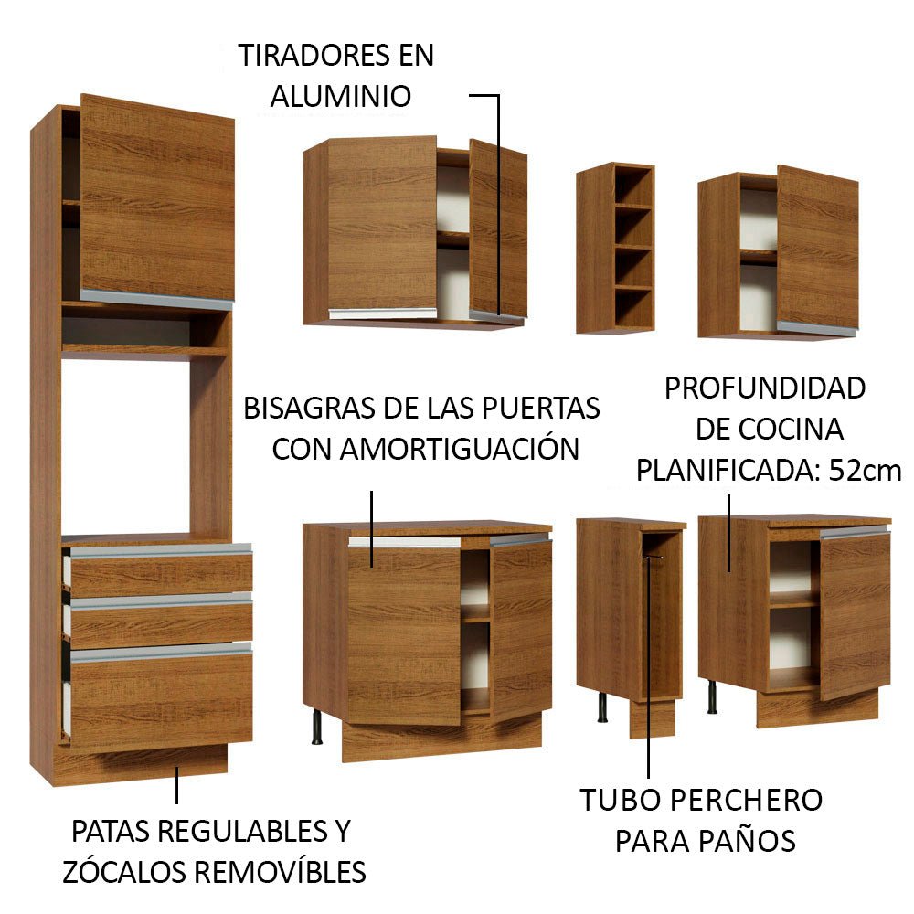 Cocina Integral Modular Aquila Marron 220x225cm con Mesón de Madera Aglomerada Mdp sin Estufa con Tres Cajones y con Diecisiete Entrepaños - COCINAS | Bylmo