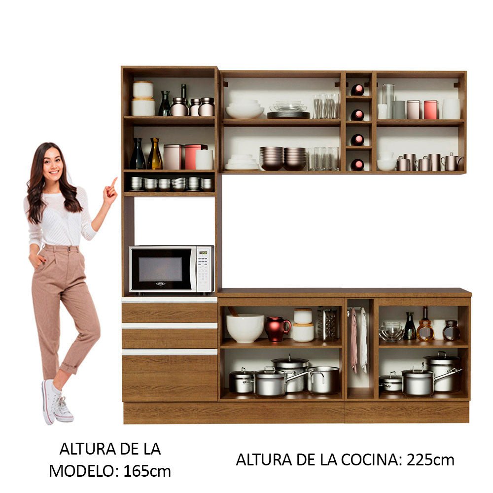 Cocina Integral Modular Aquila Marron 220x225cm con Mesón de Madera Aglomerada Mdp sin Estufa con Tres Cajones y con Diecisiete Entrepaños - COCINAS | Bylmo