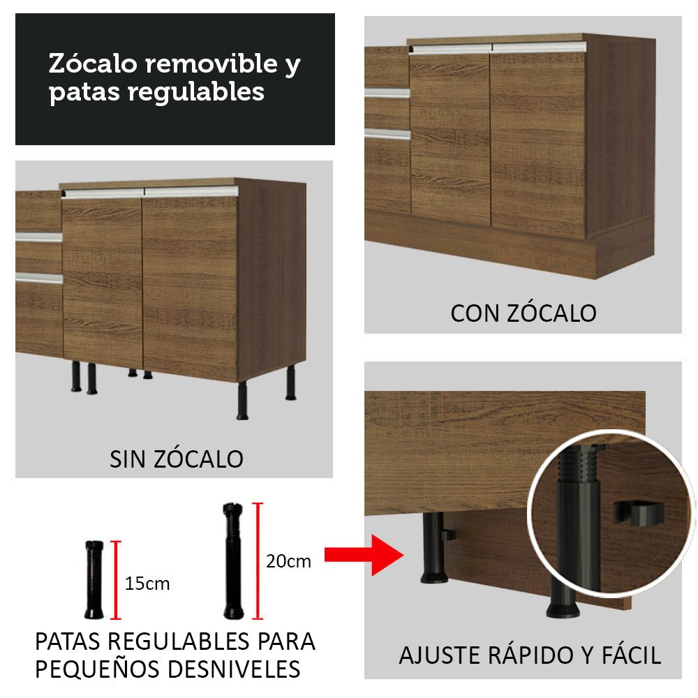 Cocina Integral Modular Aquila Marron 220x225cm con Mesón de Madera Aglomerada Mdp sin Estufa con Tres Cajones y con Diecisiete Entrepaños - COCINAS | Bylmo