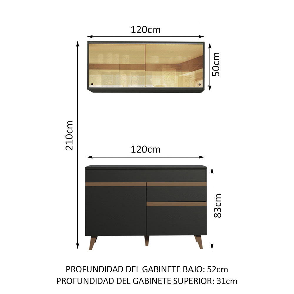 Cocina Integral Modular Reims Negro 120x210cm con Mesón de Madera Aglomerada Mdp sin Estufa con Un Cajón y con Seis Entrepaños - COCINAS | Bylmo