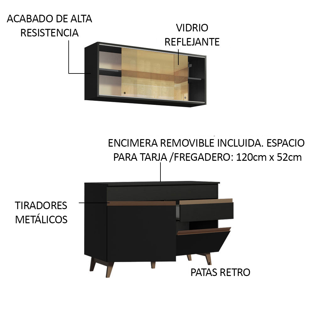 Cocina Integral Modular Reims Negro 120x210cm con Mesón de Madera Aglomerada Mdp sin Estufa con Un Cajón y con Seis Entrepaños - COCINAS | Bylmo
