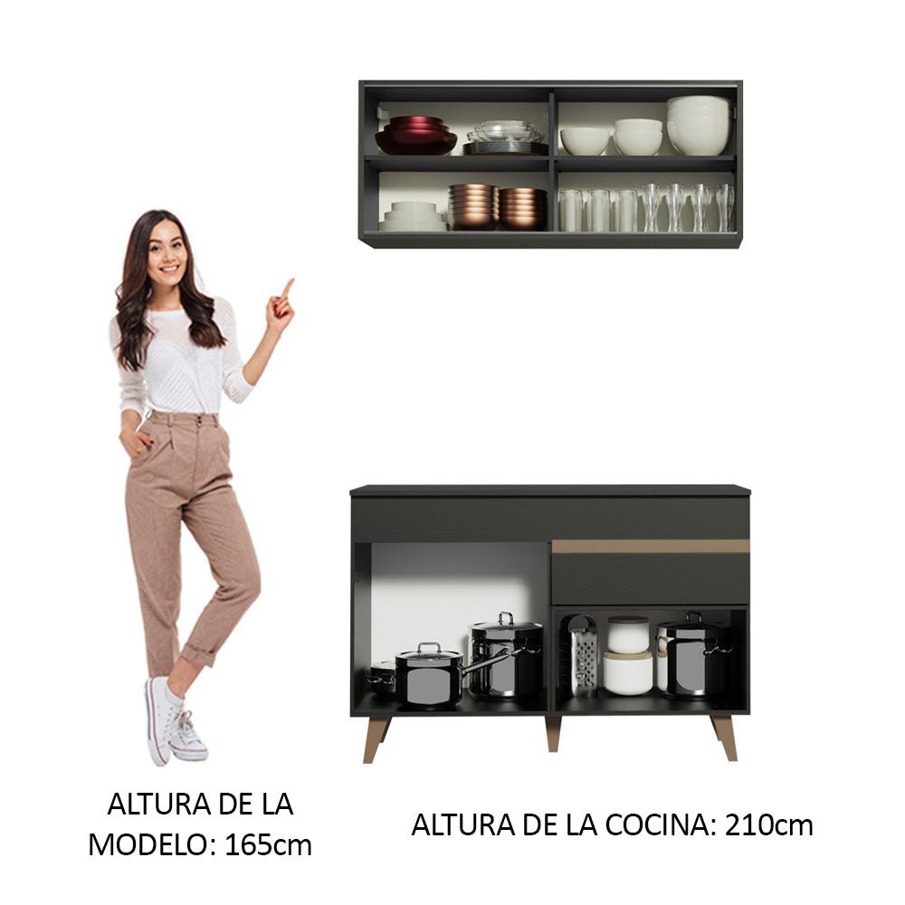 Cocina Integral Modular Reims Negro 120x210cm con Mesón de Madera Aglomerada Mdp sin Estufa con Un Cajón y con Seis Entrepaños - COCINAS | Bylmo