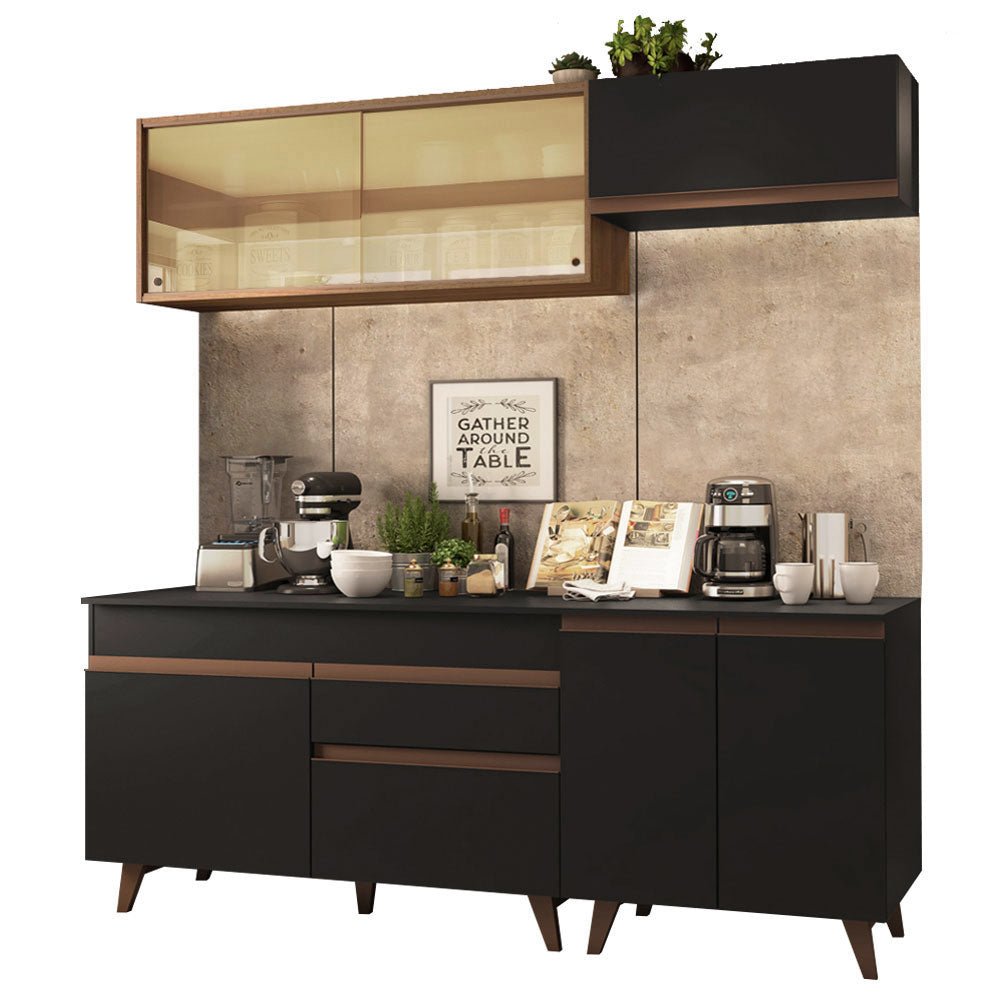 Cocina Integral Modular Reims Negro y Marron 190x210cm con Mesón de Madera Aglomerada Mdp sin Estufa con Un Cajón y con Nueve Entrepaños - COCINAS | Bylmo