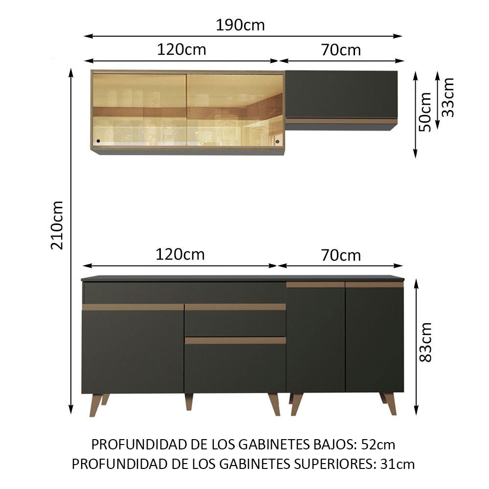 Cocina Integral Modular Reims Negro y Marron 190x210cm con Mesón de Madera Aglomerada Mdp sin Estufa con Un Cajón y con Nueve Entrepaños - COCINAS | Bylmo