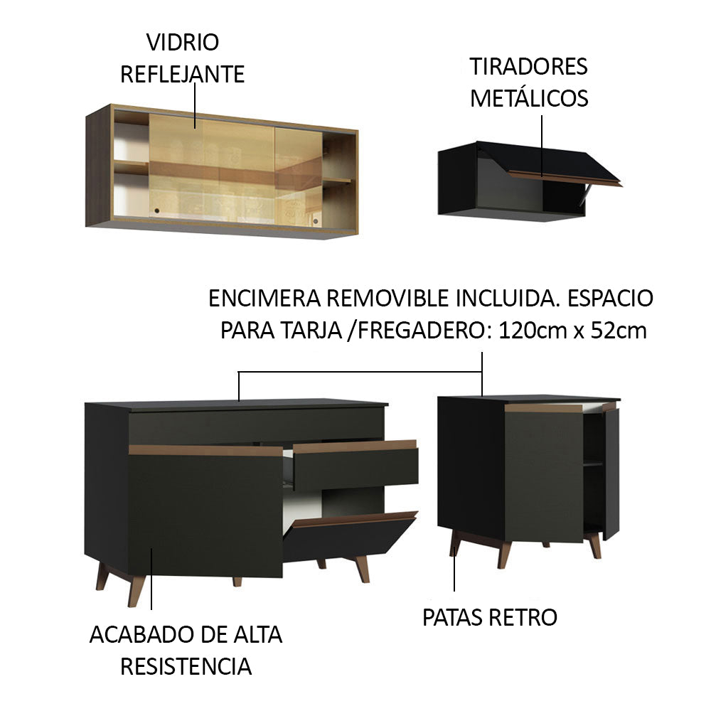 Cocina Integral Modular Reims Negro y Marron 190x210cm con Mesón de Madera Aglomerada Mdp sin Estufa con Un Cajón y con Nueve Entrepaños - COCINAS | Bylmo