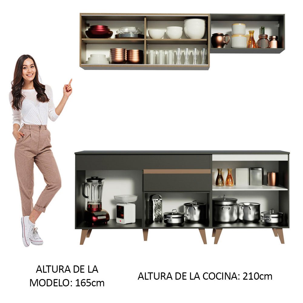 Cocina Integral Modular Reims Negro y Marron 190x210cm con Mesón de Madera Aglomerada Mdp sin Estufa con Un Cajón y con Nueve Entrepaños - COCINAS | Bylmo