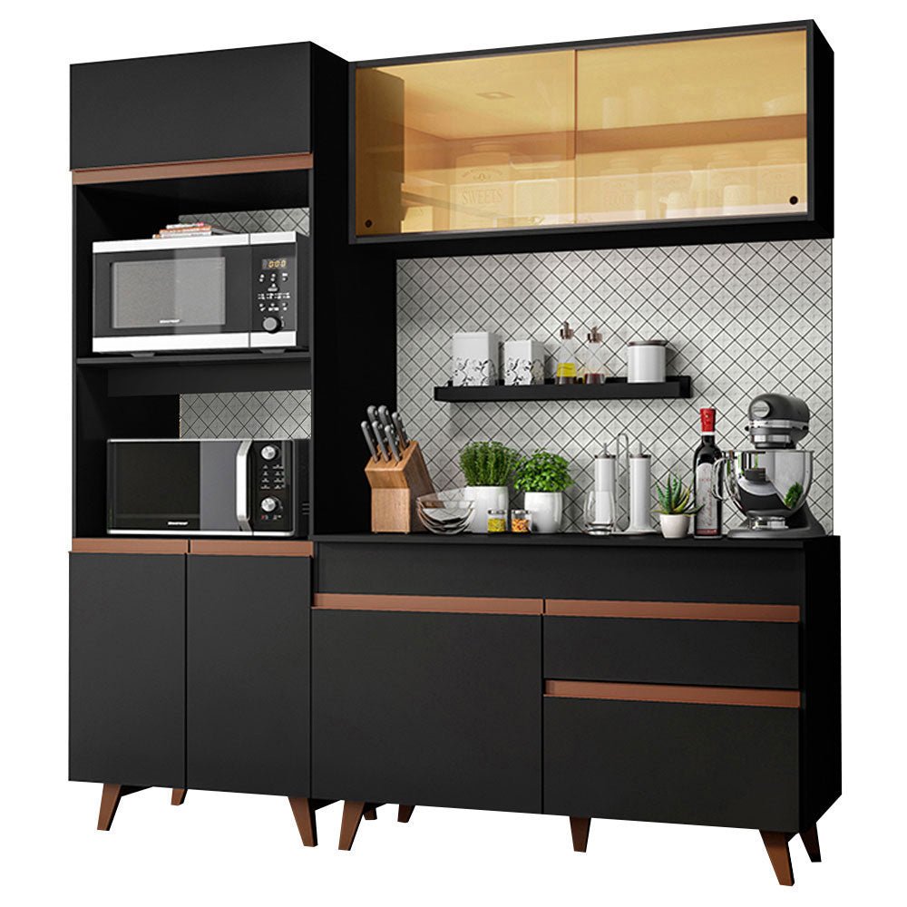 Cocina Integral Modular Reims Negro 190x210cm con Mesón de Madera Aglomerada Mdp sin Estufa con Un Cajón y con Once Entrepaños - COCINAS | Bylmo