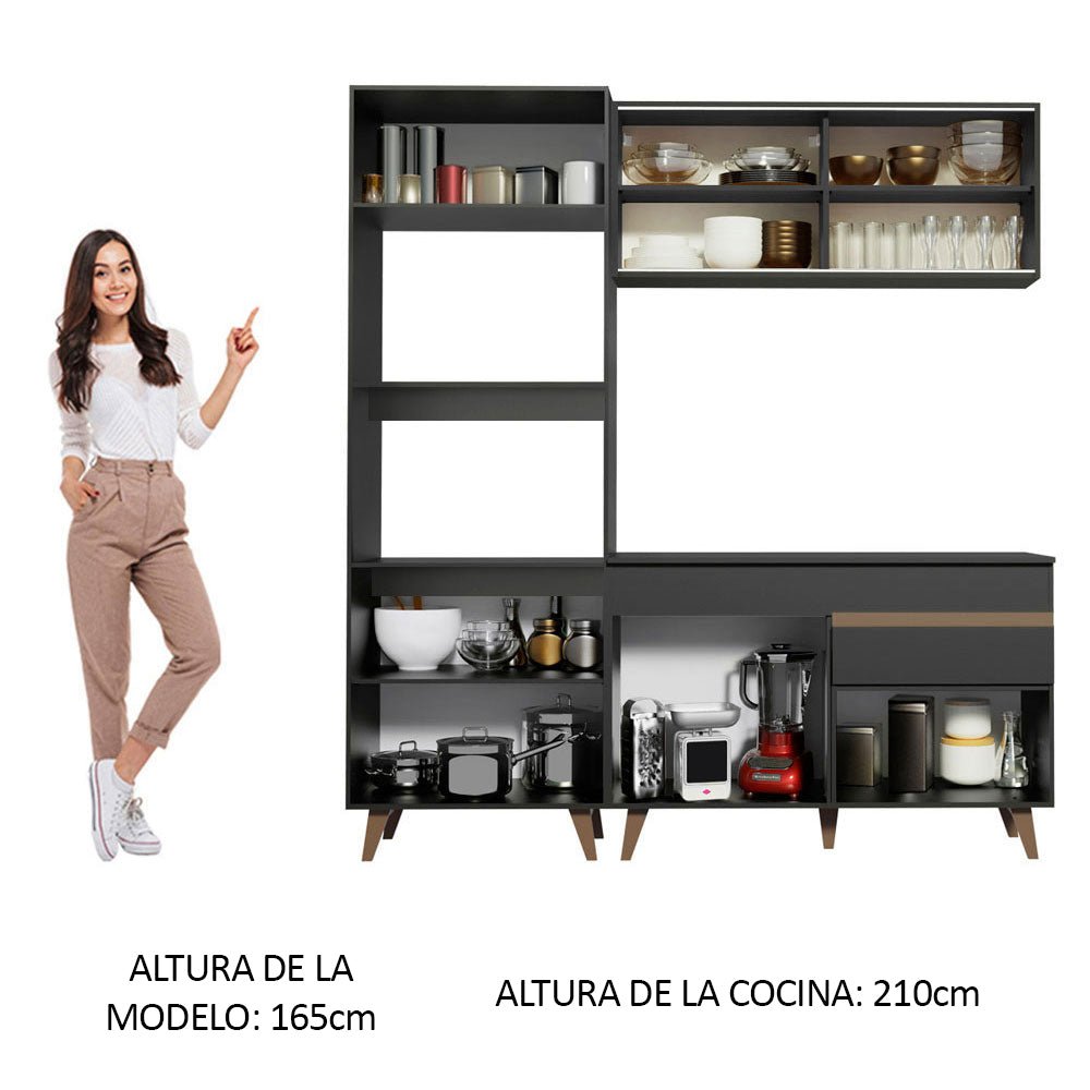 Cocina Integral Modular Reims Negro 190x210cm con Mesón de Madera Aglomerada Mdp sin Estufa con Un Cajón y con Once Entrepaños - COCINAS | Bylmo