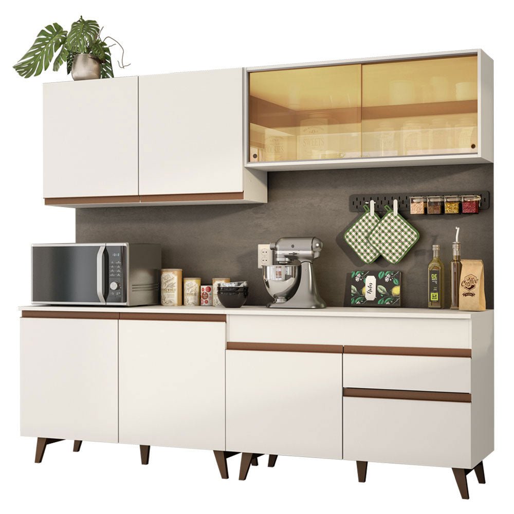 Cocina Integral Modular Reims Blanco 240x210cm con Mesón de Madera Aglomerada Mdp sin Estufa con Un Cajón y con Trece Entrepaños - COCINAS | Bylmo