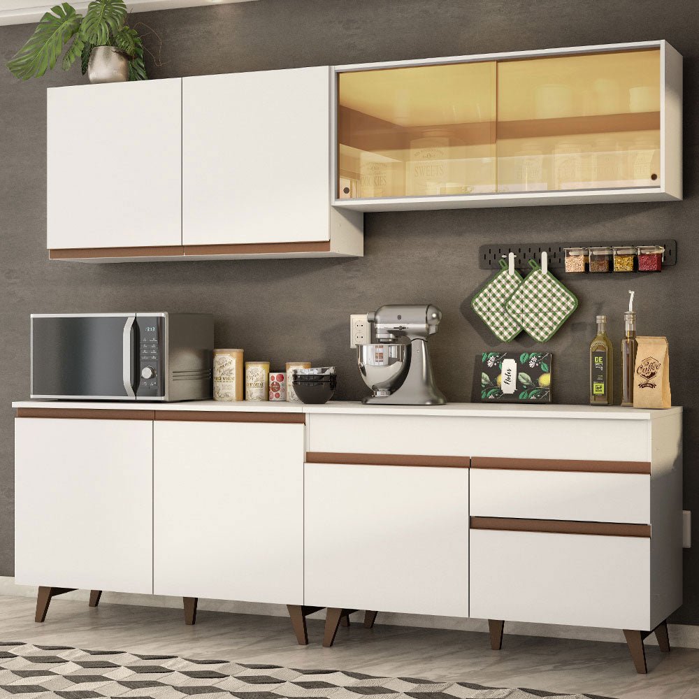 Cocina Integral Modular Reims Blanco 240x210cm con Mesón de Madera Aglomerada Mdp sin Estufa con Un Cajón y con Trece Entrepaños - COCINAS | Bylmo