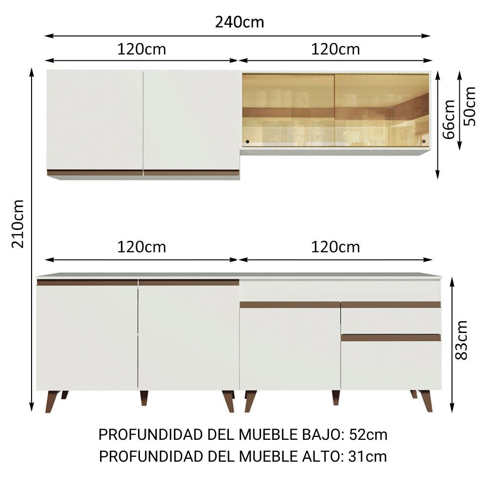 Cocina Integral Modular Reims Blanco 240x210cm con Mesón de Madera Aglomerada Mdp sin Estufa con Un Cajón y con Trece Entrepaños - COCINAS | Bylmo