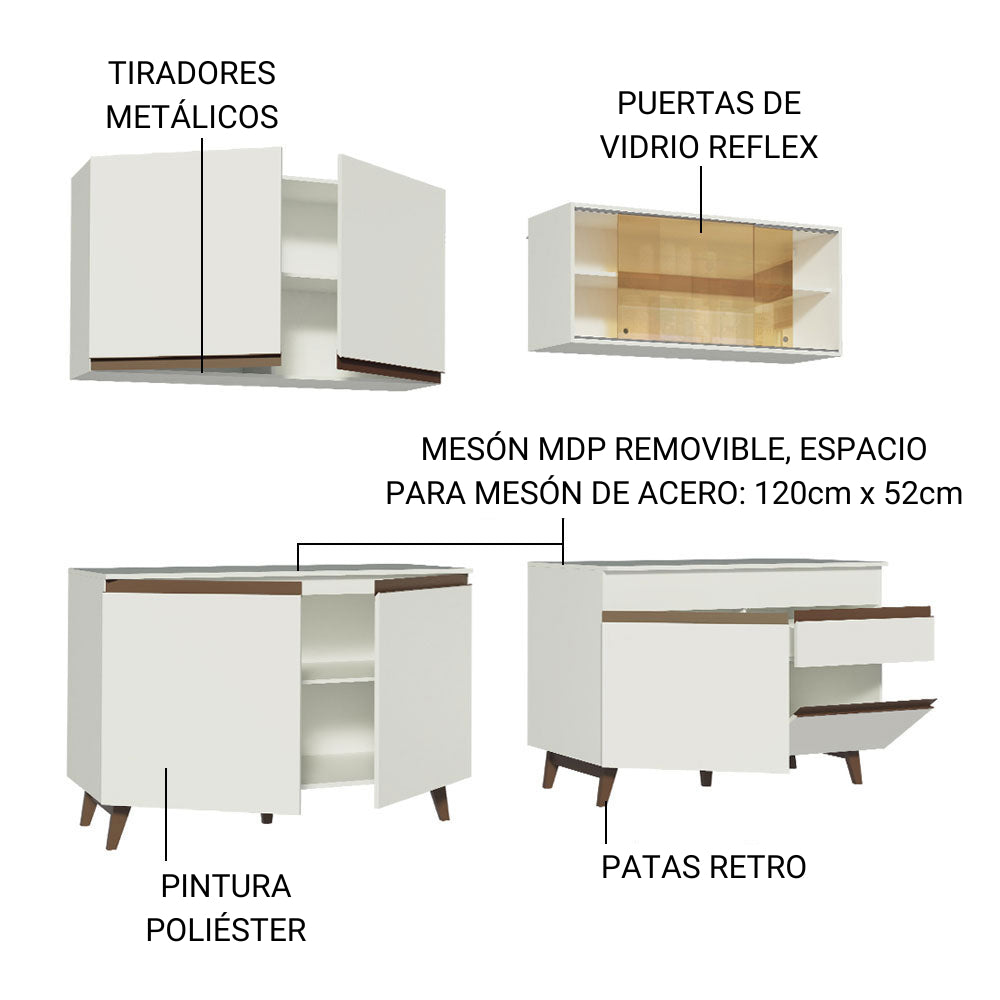 Cocina Integral Modular Reims Blanco 240x210cm con Mesón de Madera Aglomerada Mdp sin Estufa con Un Cajón y con Trece Entrepaños - COCINAS | Bylmo
