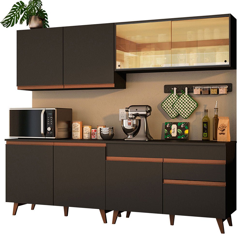 Cocina Integral Modular Reims Negro 240x210cm con Mesón de Madera Aglomerada Mdp sin Estufa con Un Cajón y con Trece Entrepaños - COCINAS | Bylmo