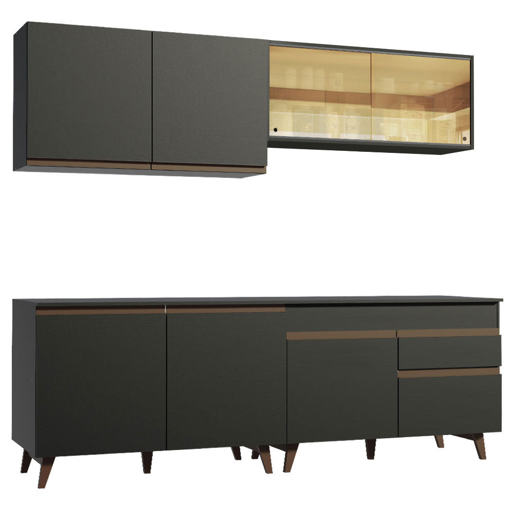 Cocina Integral Modular Reims Negro 240x210cm con Mesón de Madera Aglomerada Mdp sin Estufa con Un Cajón y con Trece Entrepaños - COCINAS | Bylmo