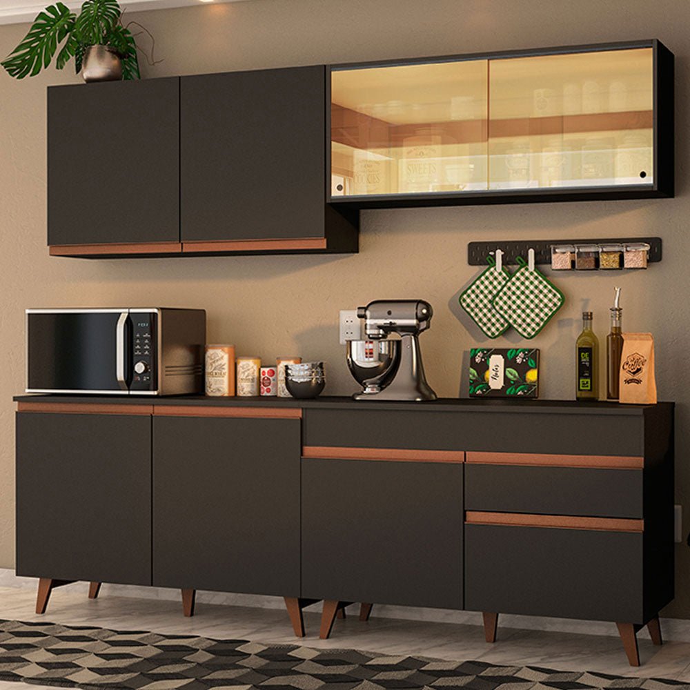 Cocina Integral Modular Reims Negro 240x210cm con Mesón de Madera Aglomerada Mdp sin Estufa con Un Cajón y con Trece Entrepaños - COCINAS | Bylmo