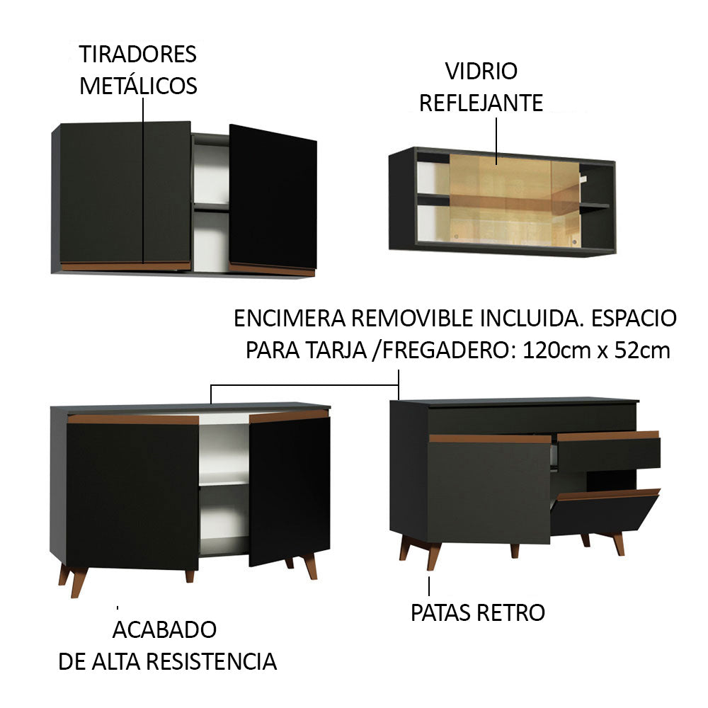 Cocina Integral Modular Reims Negro 240x210cm con Mesón de Madera Aglomerada Mdp sin Estufa con Un Cajón y con Trece Entrepaños - COCINAS | Bylmo