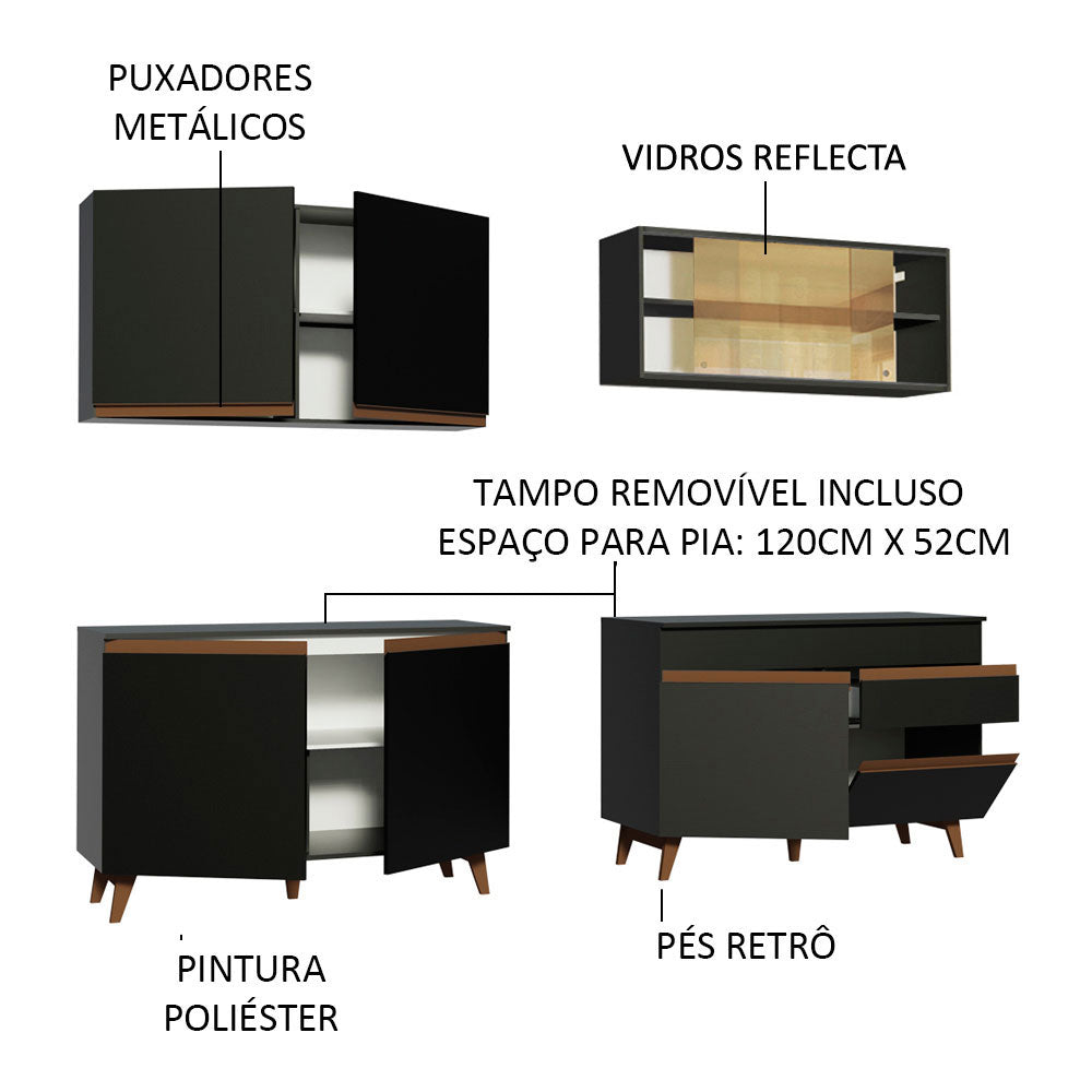 Cocina Integral Modular Reims Negro 240x210cm con Mesón de Madera Aglomerada Mdp sin Estufa con Un Cajón y con Trece Entrepaños - COCINAS | Bylmo