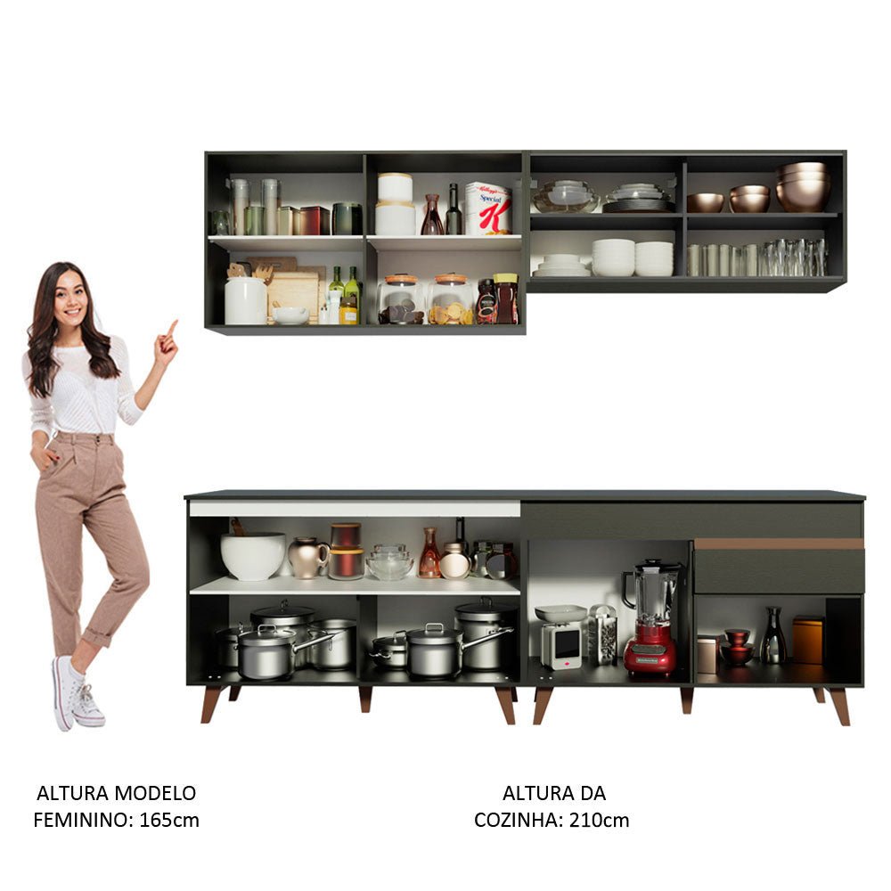 Cocina Integral Modular Reims Negro 240x210cm con Mesón de Madera Aglomerada Mdp sin Estufa con Un Cajón y con Trece Entrepaños - COCINAS | Bylmo